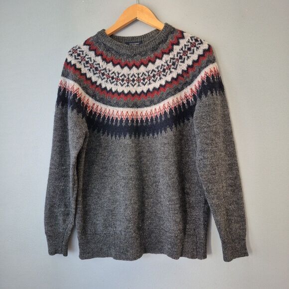 British Fiber Wool Gray Fair Isle Long Sleeve Crewneck Sweater Womens Medium - Picture 8 of 8